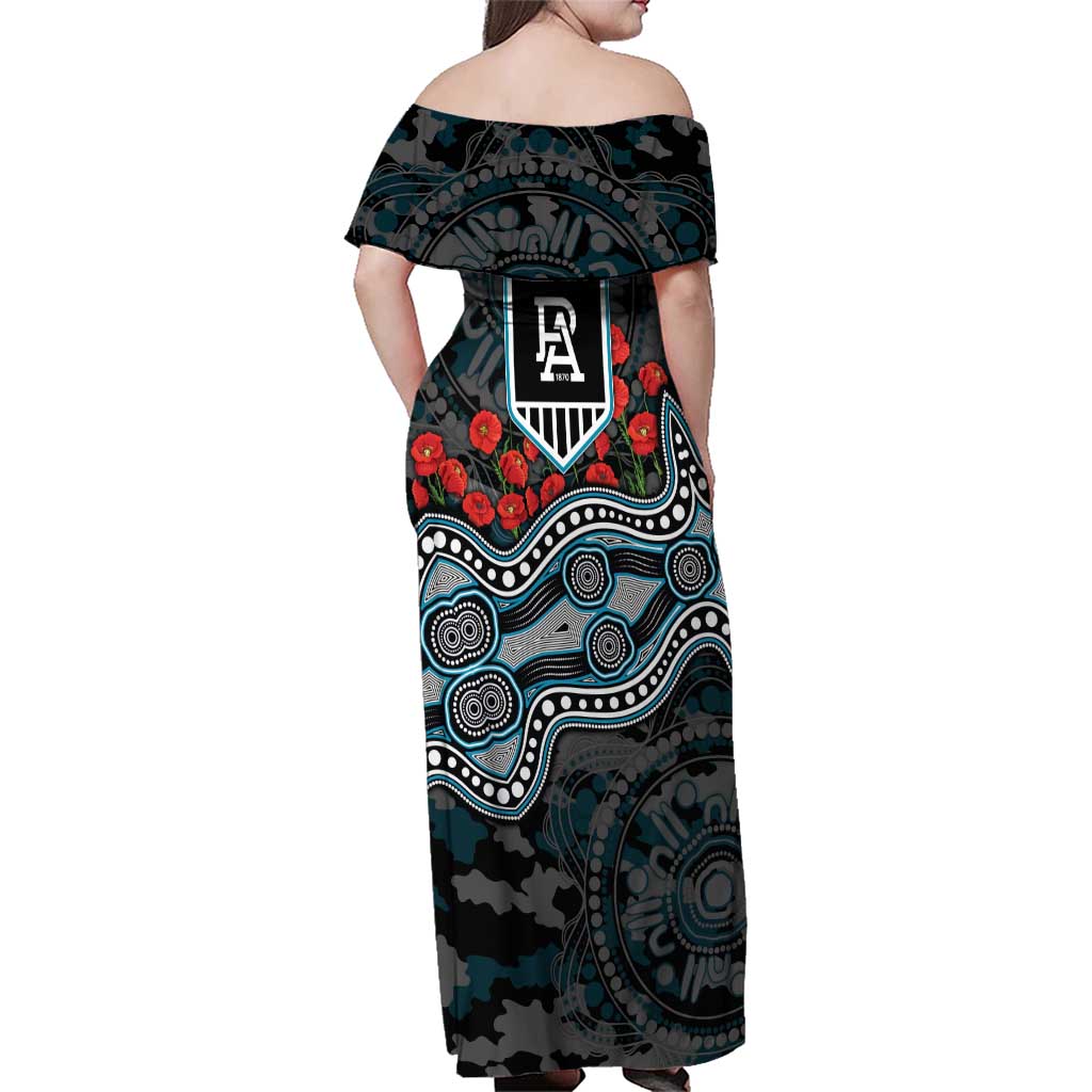 Port Adelaide Power ANZAC Day Family Matching Off Shoulder Maxi Dress and Hawaiian Shirt Indigenous Dot Art with Poppy Flower Tribute