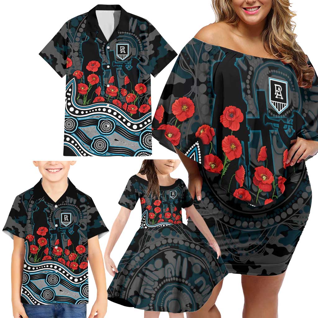 Port Adelaide Power ANZAC Day Family Matching Off Shoulder Short Dress and Hawaiian Shirt Indigenous Dot Art with Poppy Flower Tribute