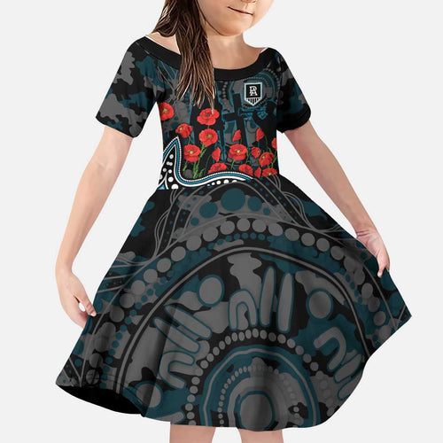 Port Adelaide Power ANZAC Day Family Matching Off Shoulder Short Dress and Hawaiian Shirt Indigenous Dot Art with Poppy Flower Tribute