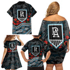 Port Adelaide Power ANZAC Day Family Matching Off Shoulder Short Dress and Hawaiian Shirt Indigenous Dot Art with Poppy Flower Tribute