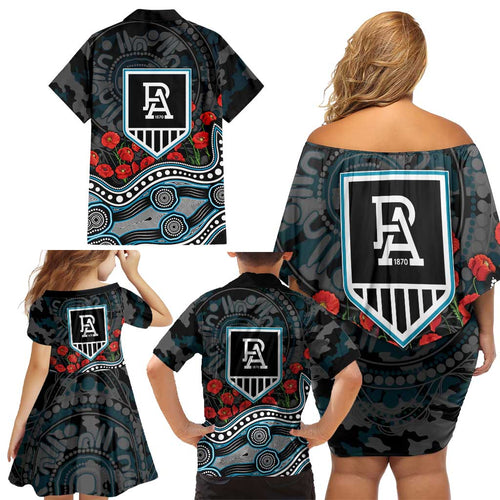 Port Adelaide Power ANZAC Day Family Matching Off Shoulder Short Dress and Hawaiian Shirt Indigenous Dot Art with Poppy Flower Tribute