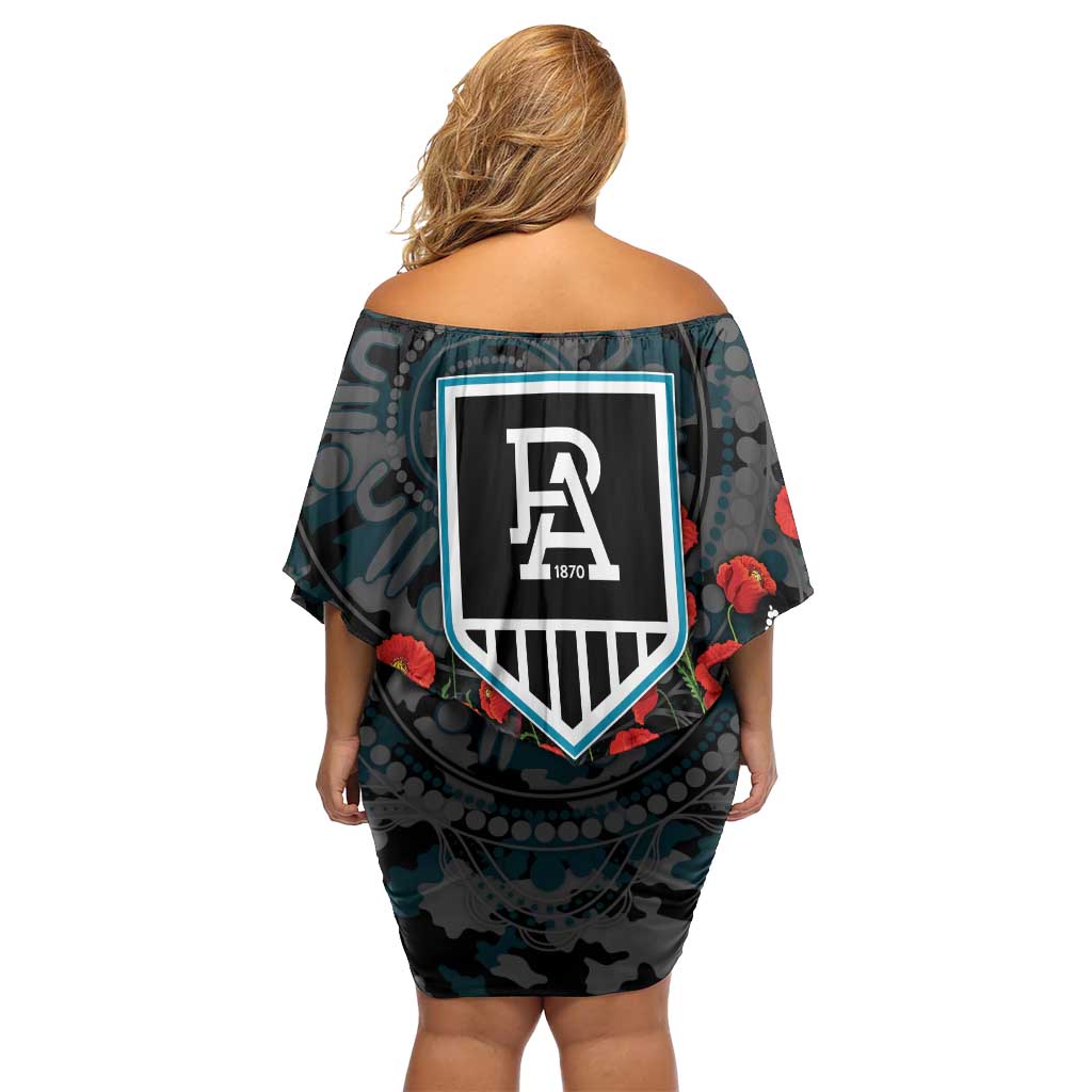 Port Adelaide Power ANZAC Day Family Matching Off Shoulder Short Dress and Hawaiian Shirt Indigenous Dot Art with Poppy Flower Tribute