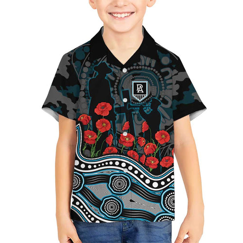 Port Adelaide Power ANZAC Day Family Matching Off Shoulder Short Dress and Hawaiian Shirt Indigenous Dot Art with Poppy Flower Tribute