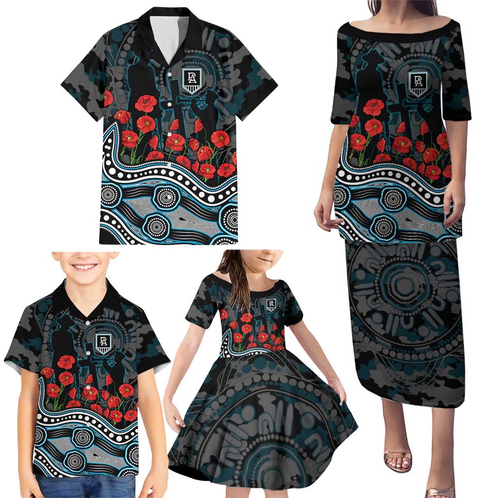 Port Adelaide Power ANZAC Day Family Matching Puletasi and Hawaiian Shirt Indigenous Dot Art with Poppy Flower Tribute