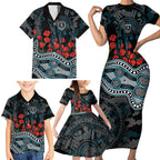 Port Adelaide Power ANZAC Day Family Matching Short Sleeve Bodycon Dress and Hawaiian Shirt Indigenous Dot Art with Poppy Flower Tribute