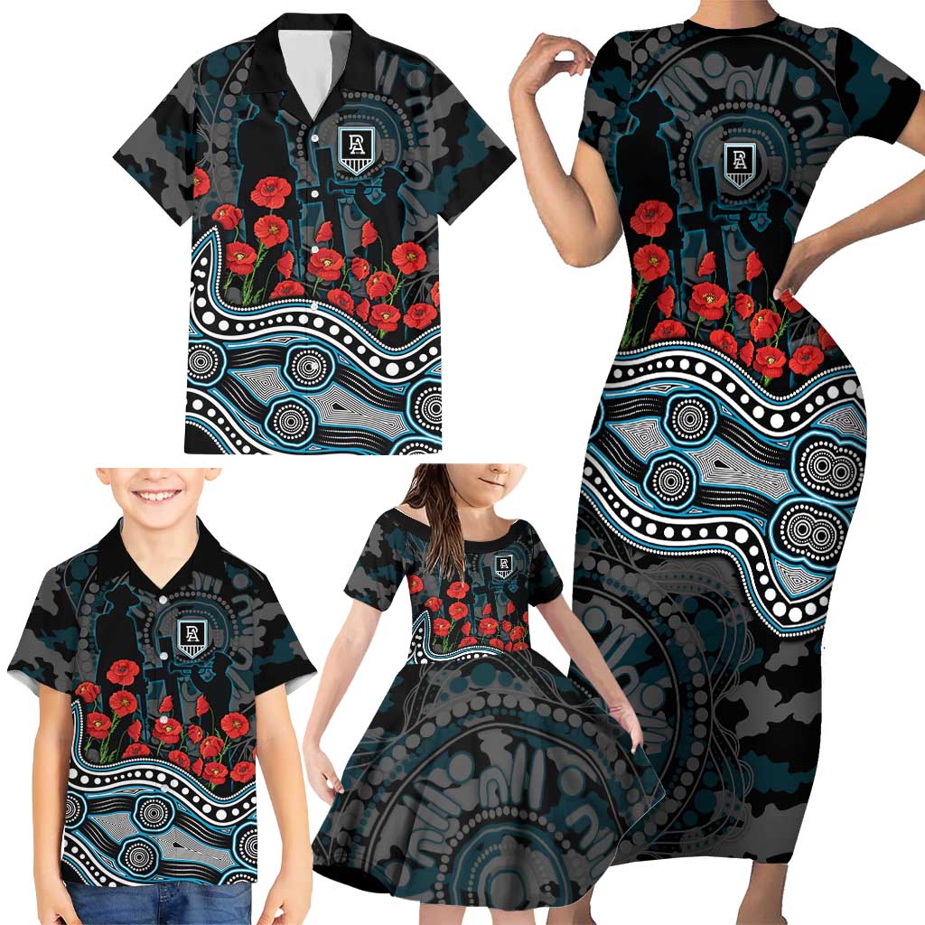 Port Adelaide Power ANZAC Day Family Matching Short Sleeve Bodycon Dress and Hawaiian Shirt Indigenous Dot Art with Poppy Flower Tribute