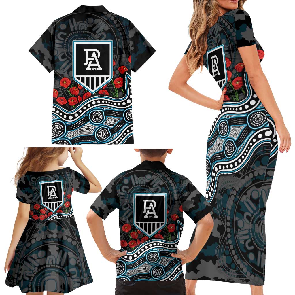 Port Adelaide Power ANZAC Day Family Matching Short Sleeve Bodycon Dress and Hawaiian Shirt Indigenous Dot Art with Poppy Flower Tribute