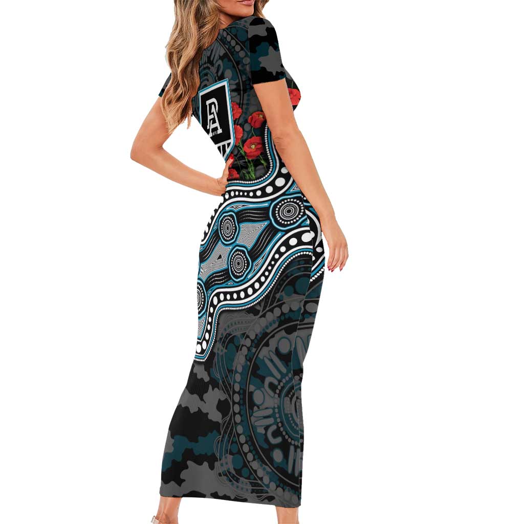 Port Adelaide Power ANZAC Day Family Matching Short Sleeve Bodycon Dress and Hawaiian Shirt Indigenous Dot Art with Poppy Flower Tribute