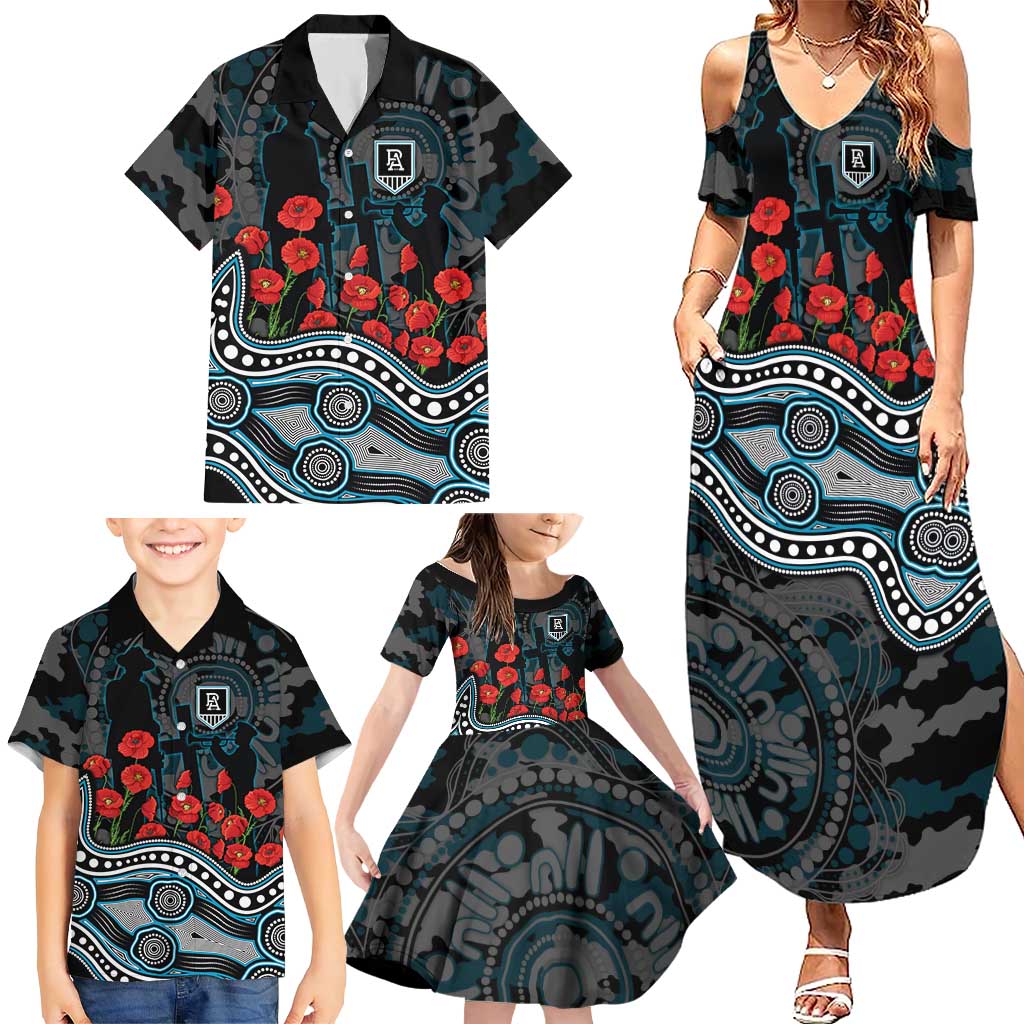 Port Adelaide Power ANZAC Day Family Matching Summer Maxi Dress and Hawaiian Shirt Indigenous Dot Art with Poppy Flower Tribute