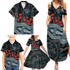Port Adelaide Power ANZAC Day Family Matching Summer Maxi Dress and Hawaiian Shirt Indigenous Dot Art with Poppy Flower Tribute