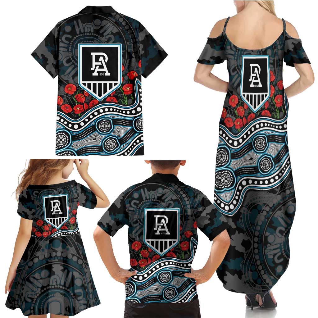 Port Adelaide Power ANZAC Day Family Matching Summer Maxi Dress and Hawaiian Shirt Indigenous Dot Art with Poppy Flower Tribute