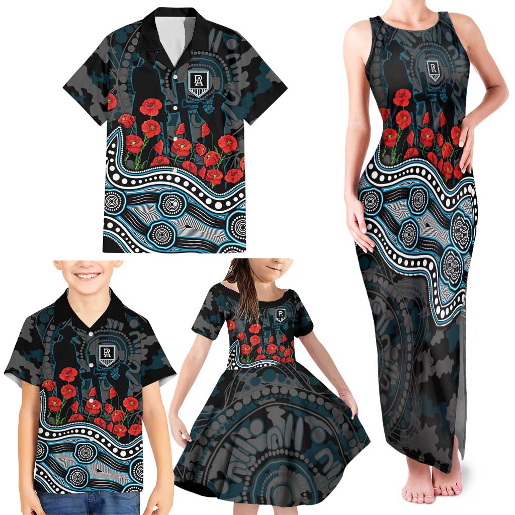 Port Adelaide Power ANZAC Day Family Matching Tank Maxi Dress and Hawaiian Shirt Indigenous Dot Art with Poppy Flower Tribute