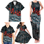 Port Adelaide Power ANZAC Day Family Matching Tank Maxi Dress and Hawaiian Shirt Indigenous Dot Art with Poppy Flower Tribute
