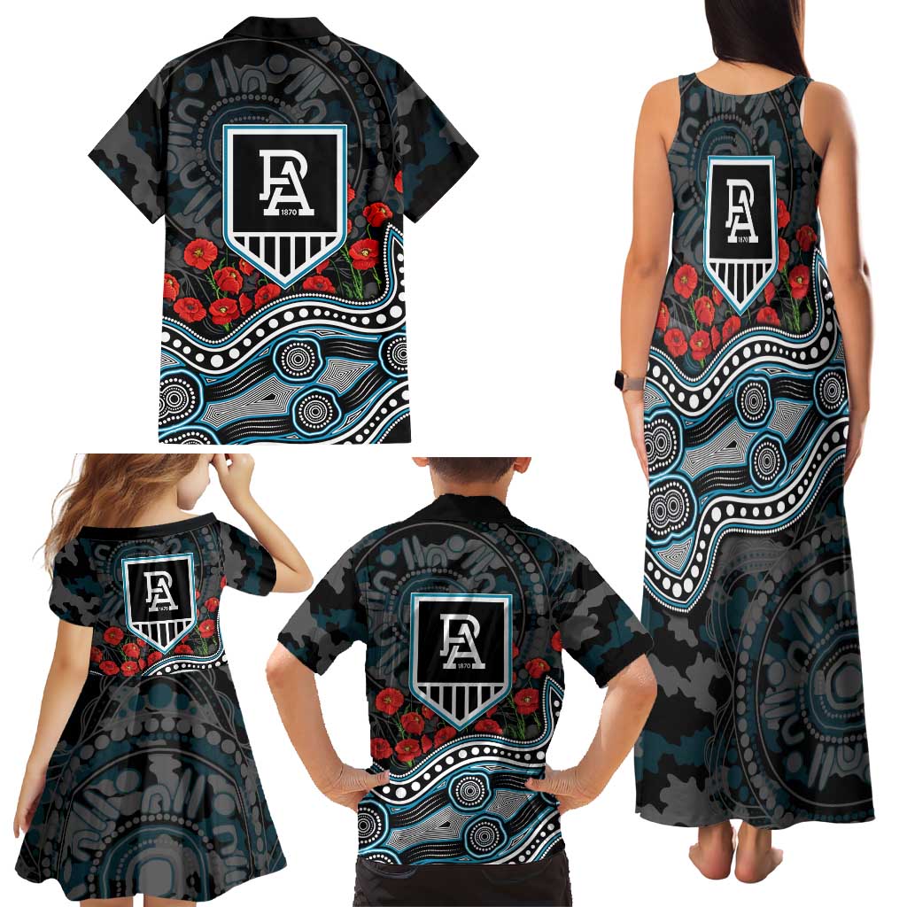 Port Adelaide Power ANZAC Day Family Matching Tank Maxi Dress and Hawaiian Shirt Indigenous Dot Art with Poppy Flower Tribute