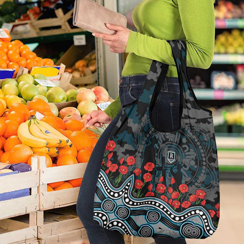 Port Adelaide Power ANZAC Day Grocery Bag Indigenous Dot Art with Poppy Flower Tribute