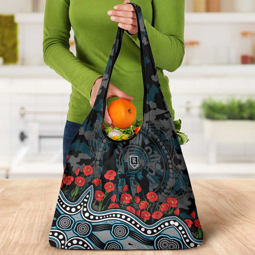 Port Adelaide Power ANZAC Day Grocery Bag Indigenous Dot Art with Poppy Flower Tribute