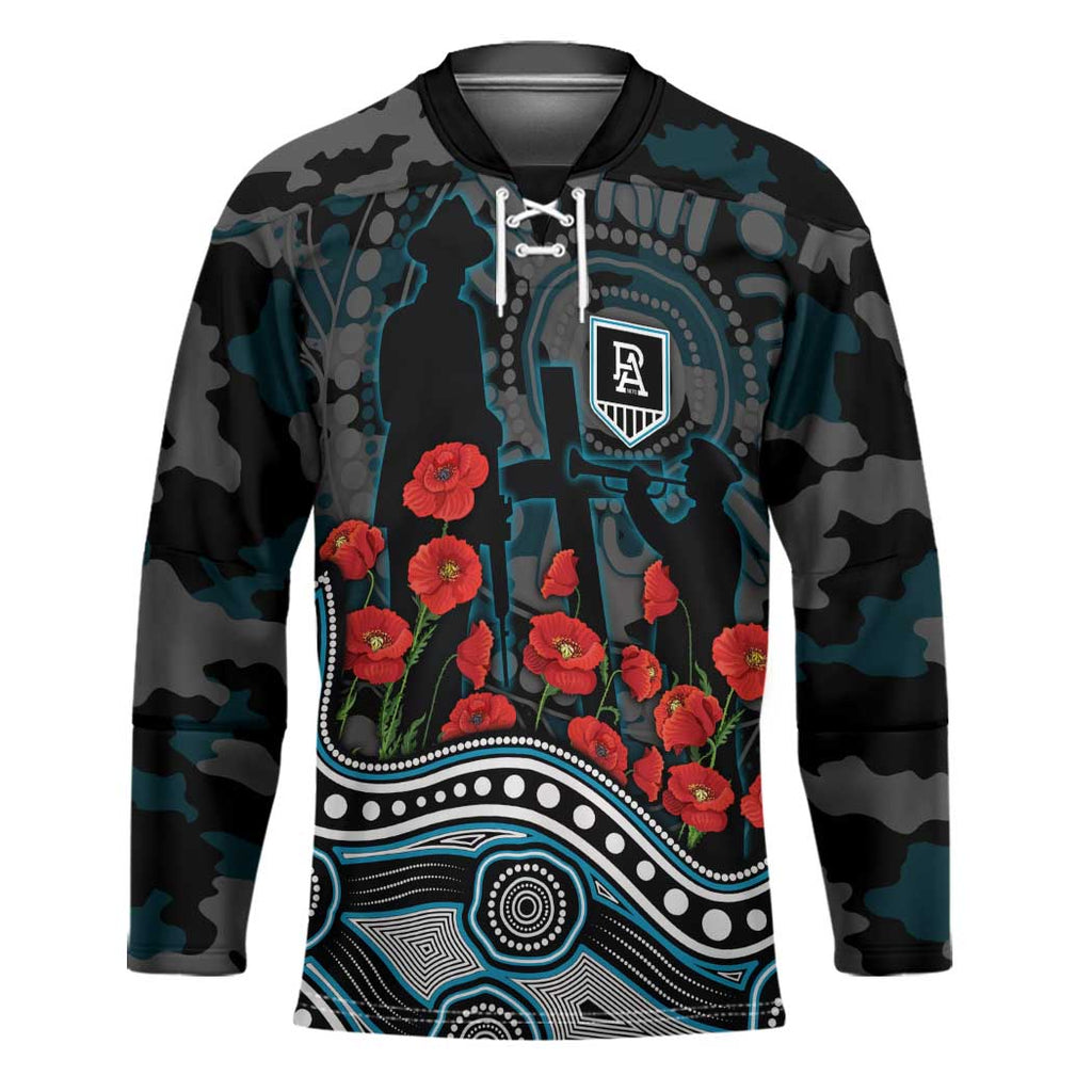 Port Adelaide Power ANZAC Day Hockey Jersey Indigenous Dot Art with Poppy Flower Tribute