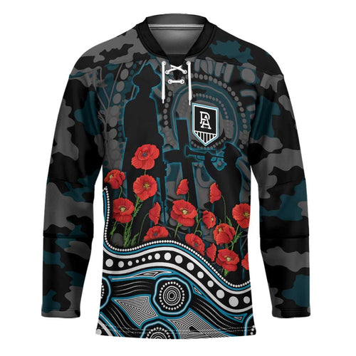 Port Adelaide Power ANZAC Day Hockey Jersey Indigenous Dot Art with Poppy Flower Tribute