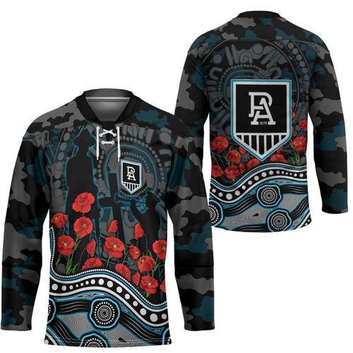 Port Adelaide Power ANZAC Day Hockey Jersey Indigenous Dot Art with Poppy Flower Tribute