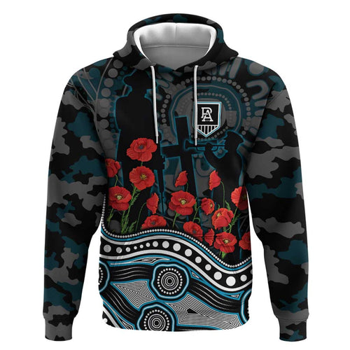 Port Adelaide Power ANZAC Day Hoodie Indigenous Dot Art with Poppy Flower Tribute