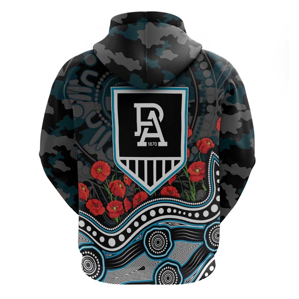 Port Adelaide Power ANZAC Day Hoodie Indigenous Dot Art with Poppy Flower Tribute