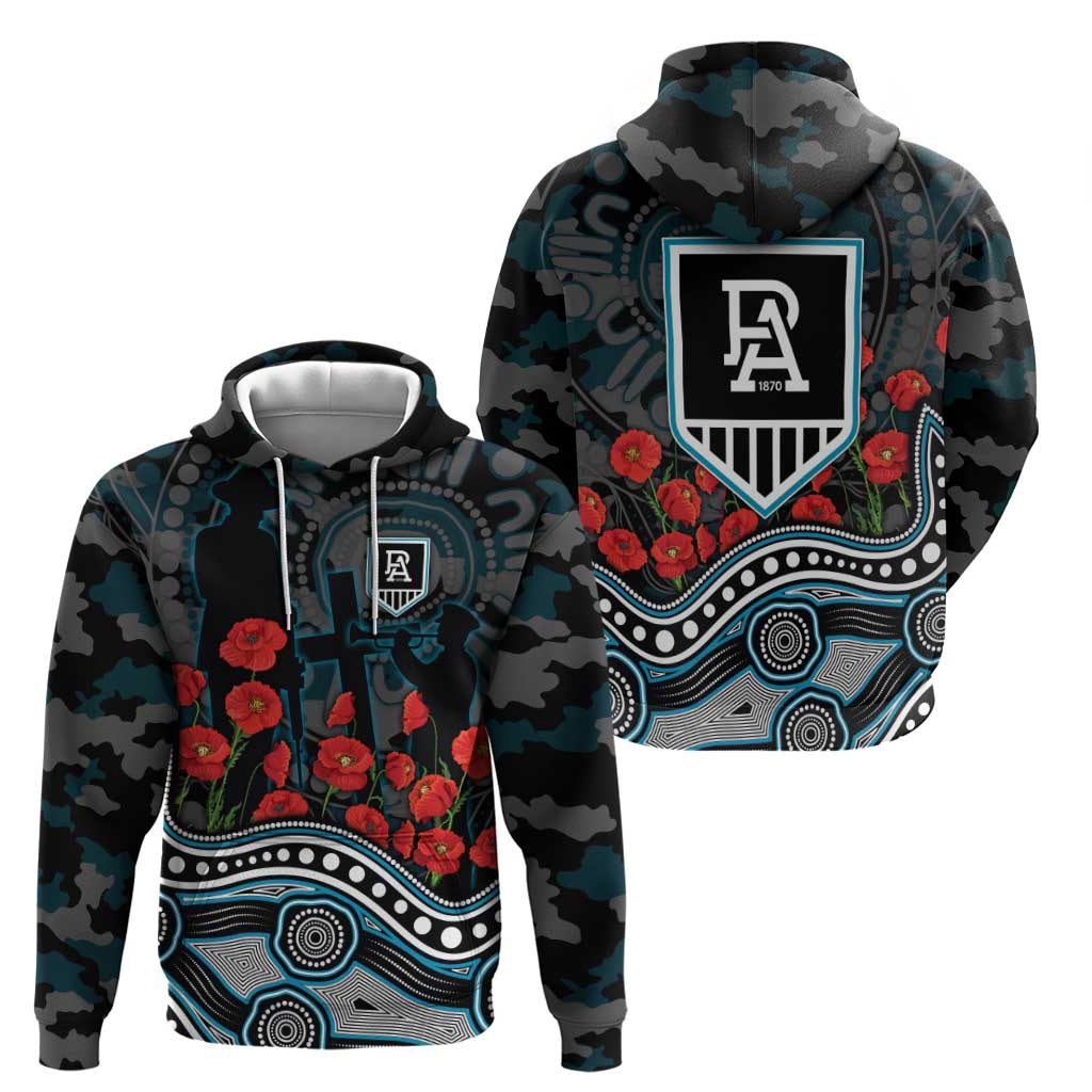 Port Adelaide Power ANZAC Day Hoodie Indigenous Dot Art with Poppy Flower Tribute