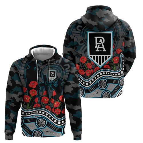 Port Adelaide Power ANZAC Day Hoodie Indigenous Dot Art with Poppy Flower Tribute