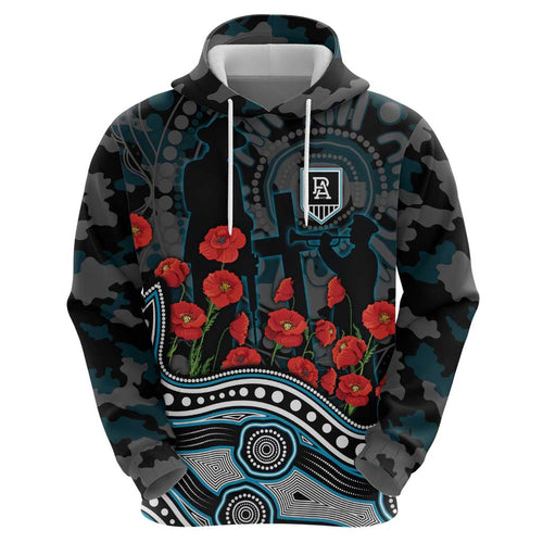 Port Adelaide Power ANZAC Day Hoodie Indigenous Dot Art with Poppy Flower Tribute