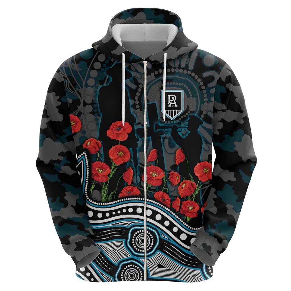 Port Adelaide Power ANZAC Day Hoodie Indigenous Dot Art with Poppy Flower Tribute