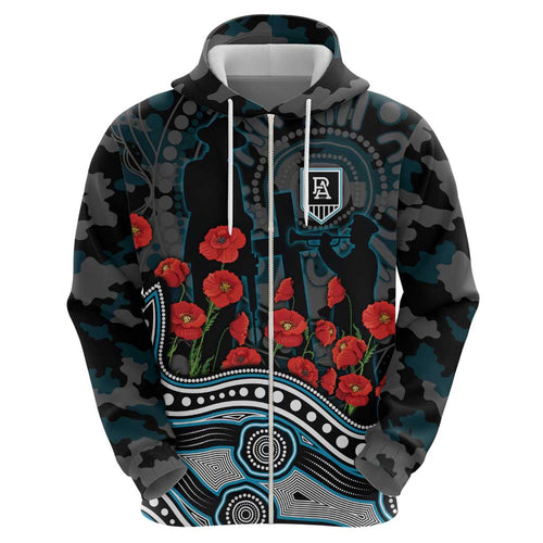 Port Adelaide Power ANZAC Day Hoodie Indigenous Dot Art with Poppy Flower Tribute
