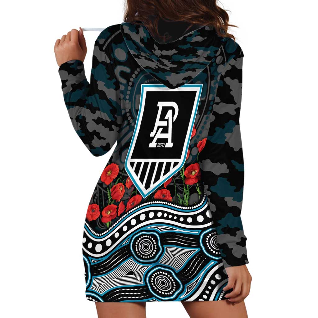 Port Adelaide Power ANZAC Day Hoodie Dress Indigenous Dot Art with Poppy Flower Tribute