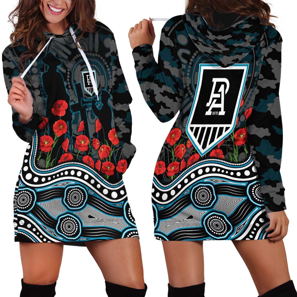 Port Adelaide Power ANZAC Day Hoodie Dress Indigenous Dot Art with Poppy Flower Tribute