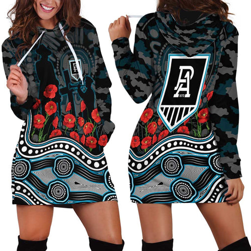 Port Adelaide Power ANZAC Day Hoodie Dress Indigenous Dot Art with Poppy Flower Tribute