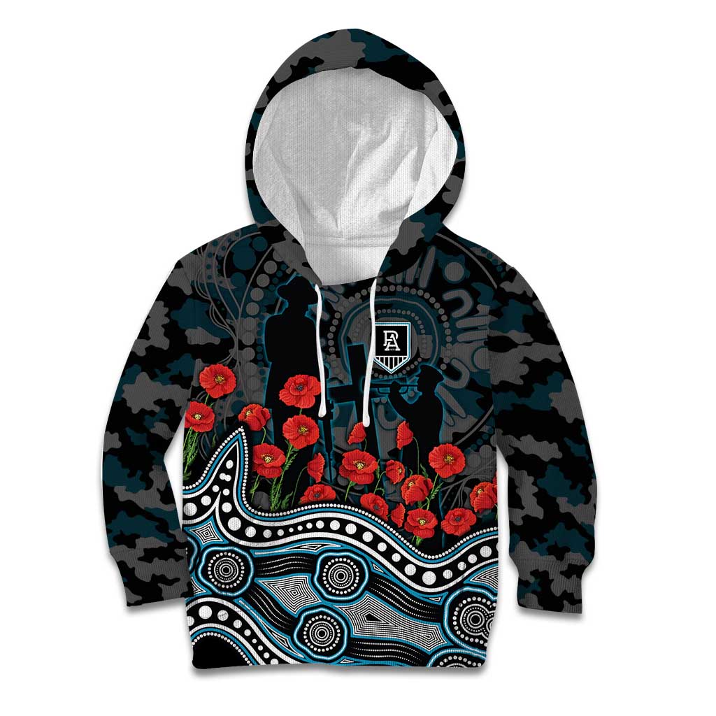 Port Adelaide Power ANZAC Day Kid Hoodie Indigenous Dot Art with Poppy Flower Tribute
