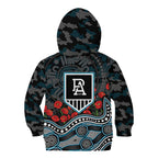 Port Adelaide Power ANZAC Day Kid Hoodie Indigenous Dot Art with Poppy Flower Tribute