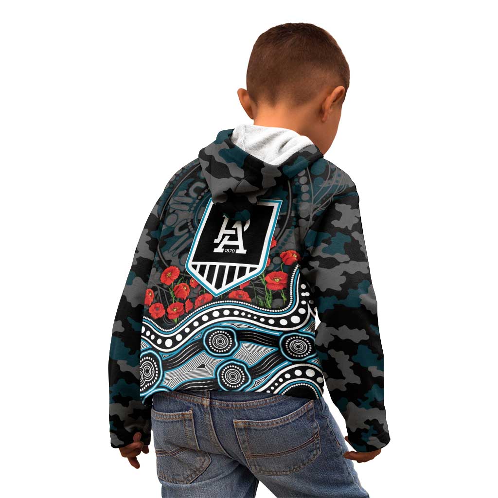 Port Adelaide Power ANZAC Day Kid Hoodie Indigenous Dot Art with Poppy Flower Tribute