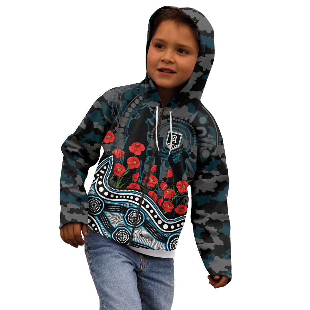 Port Adelaide Power ANZAC Day Kid Hoodie Indigenous Dot Art with Poppy Flower Tribute