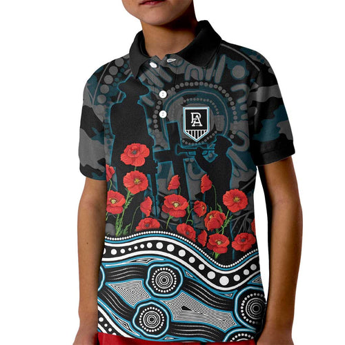 Port Adelaide Power ANZAC Day Kid Polo Shirt Indigenous Dot Art with Poppy Flower Tribute