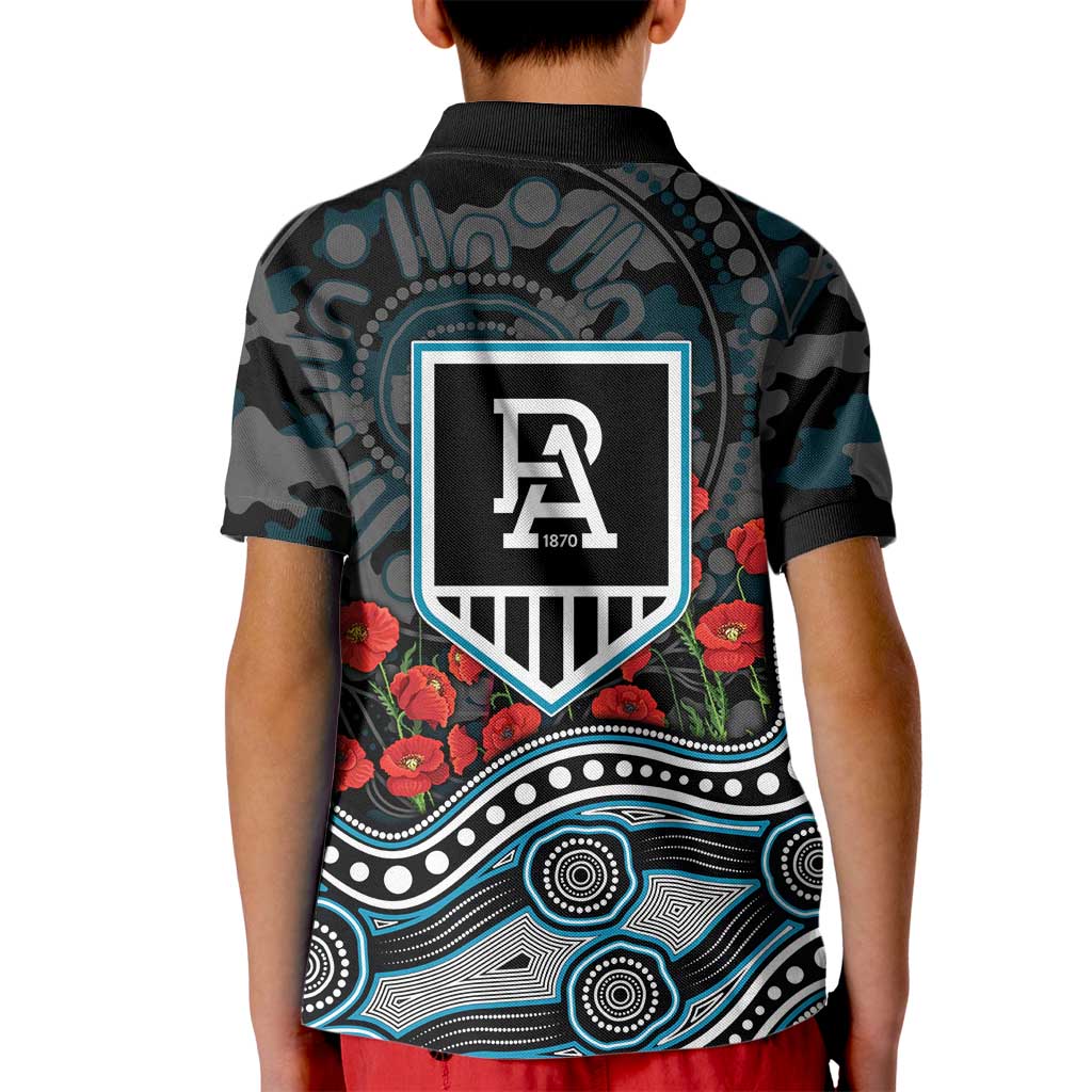 Port Adelaide Power ANZAC Day Kid Polo Shirt Indigenous Dot Art with Poppy Flower Tribute