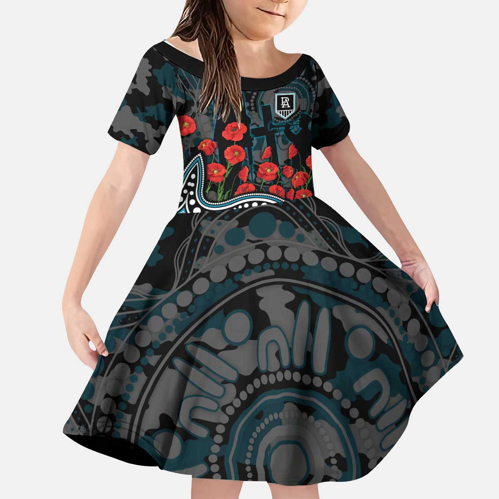 Port Adelaide Power ANZAC Day Kid Short Sleeve Dress Indigenous Dot Art with Poppy Flower Tribute