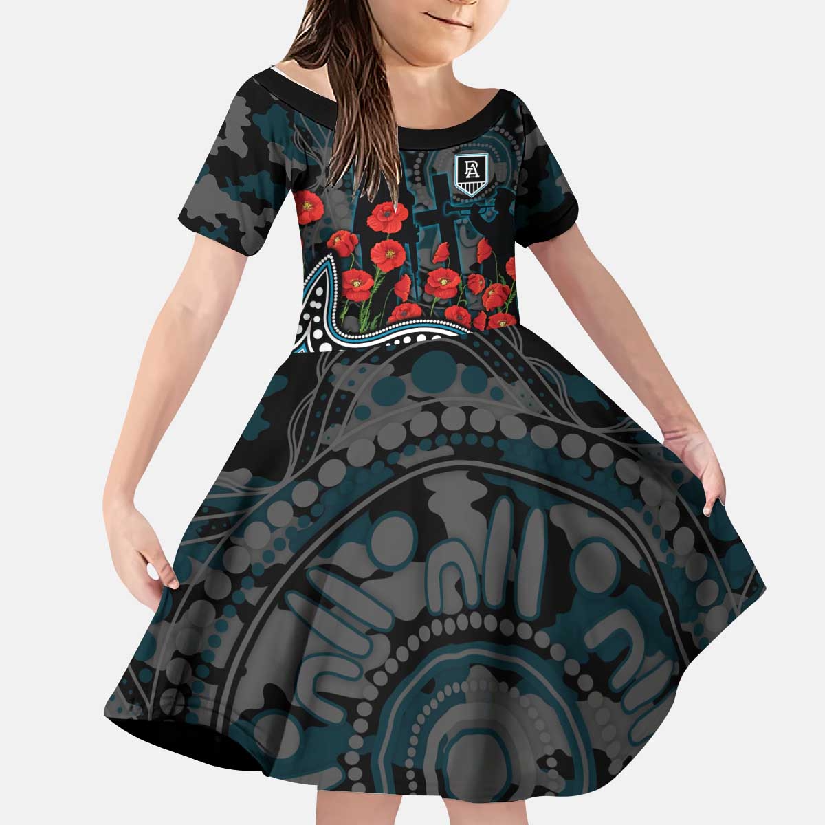 Port Adelaide Power ANZAC Day Kid Short Sleeve Dress Indigenous Dot Art with Poppy Flower Tribute