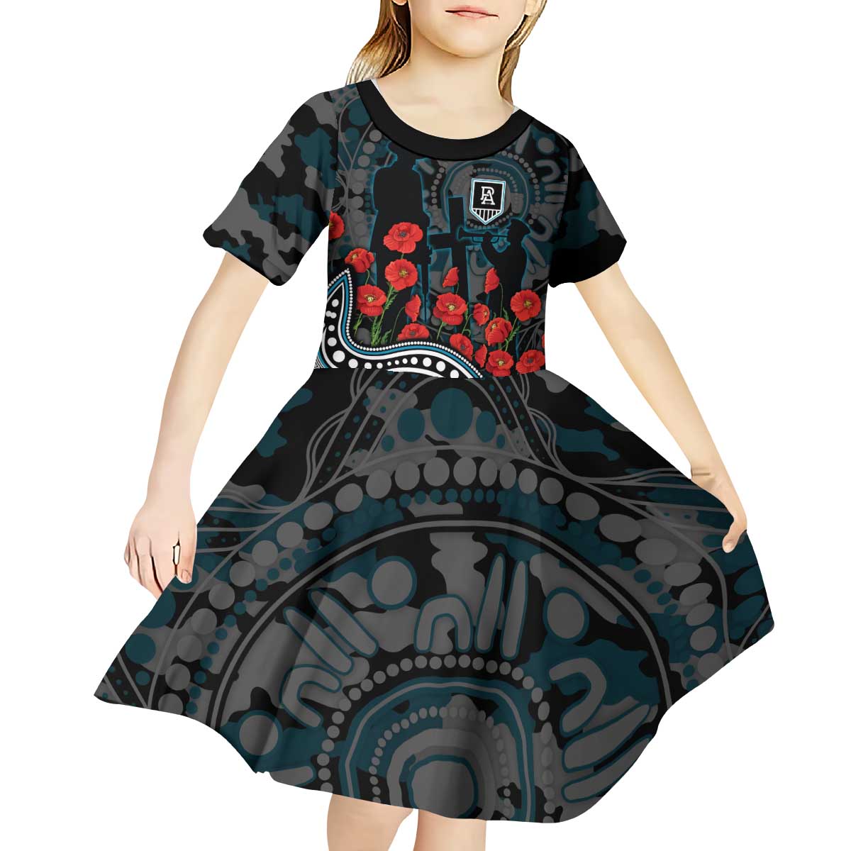 Port Adelaide Power ANZAC Day Kid Short Sleeve Dress Indigenous Dot Art with Poppy Flower Tribute