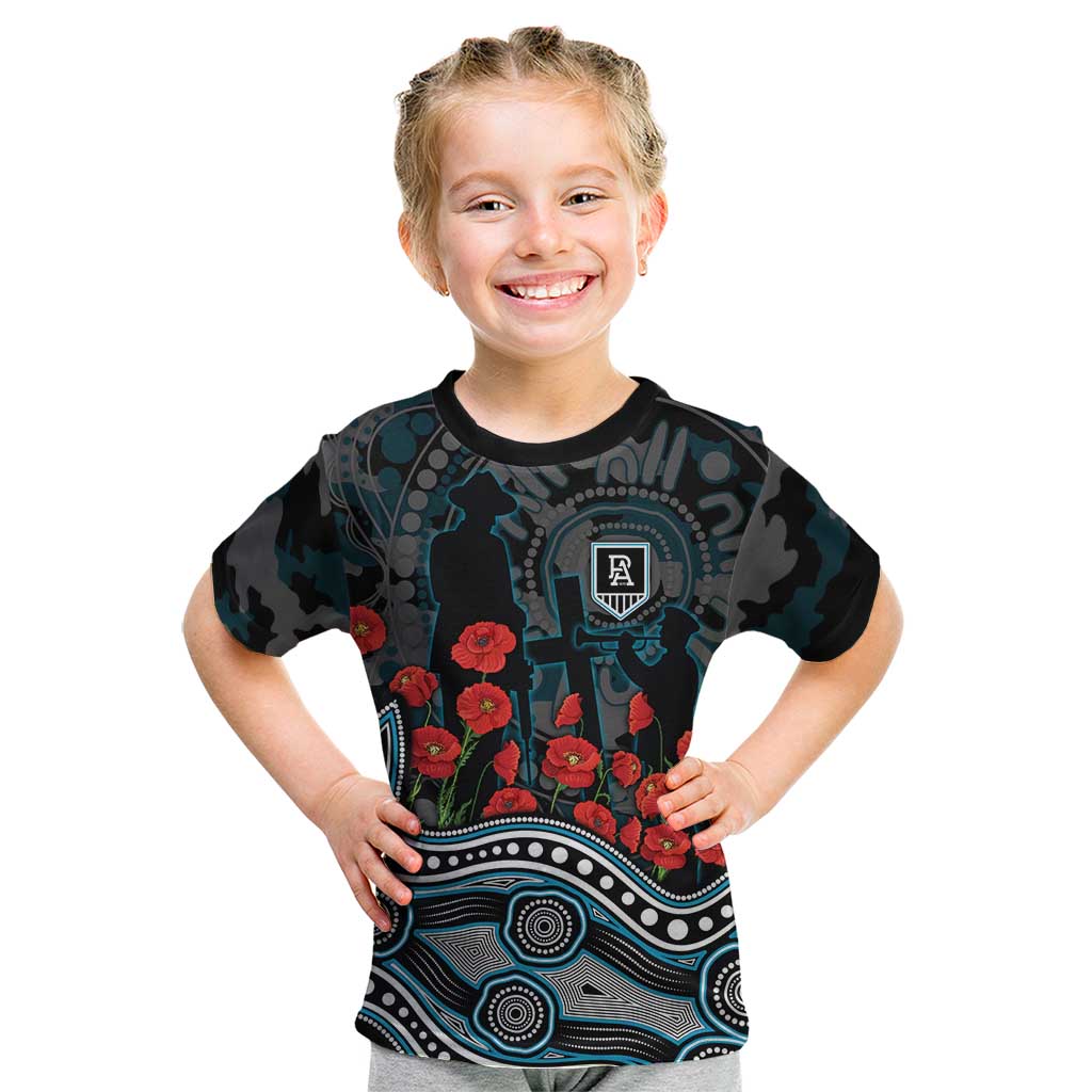 Port Adelaide Power ANZAC Day Kid T Shirt Indigenous Dot Art with Poppy Flower Tribute