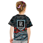 Port Adelaide Power ANZAC Day Kid T Shirt Indigenous Dot Art with Poppy Flower Tribute