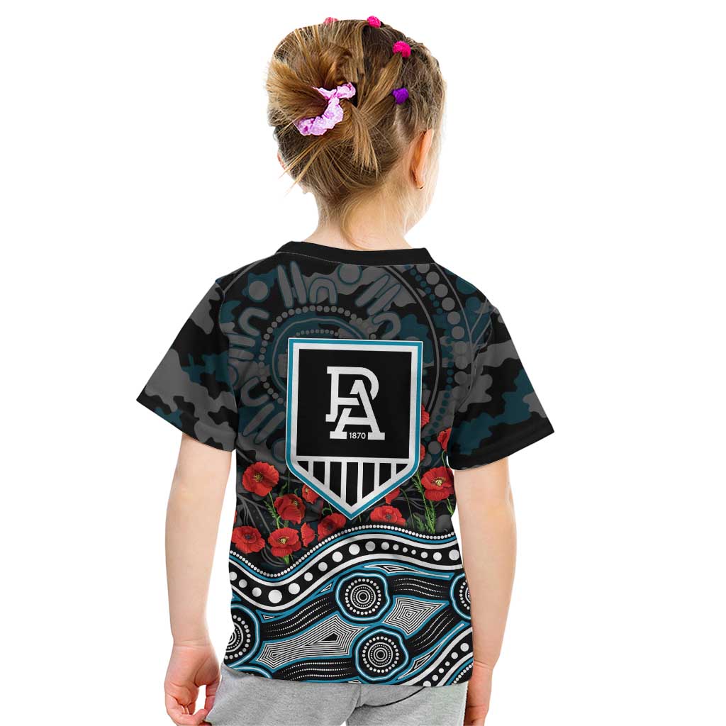 Port Adelaide Power ANZAC Day Kid T Shirt Indigenous Dot Art with Poppy Flower Tribute