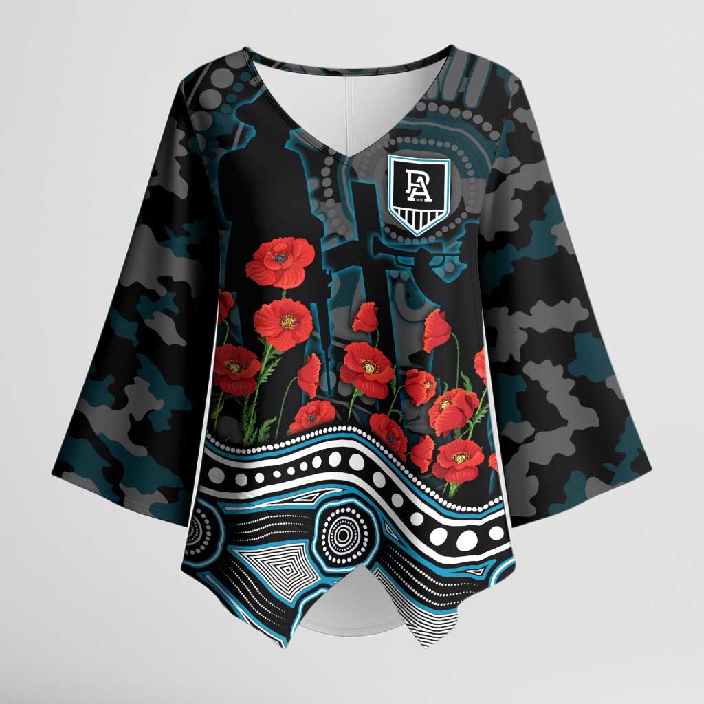 Port Adelaide Power ANZAC Day Kimono Sleeve Blouse Indigenous Dot Art with Poppy Flower Tribute