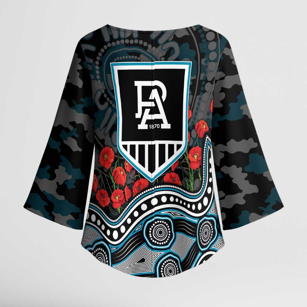 Port Adelaide Power ANZAC Day Kimono Sleeve Blouse Indigenous Dot Art with Poppy Flower Tribute