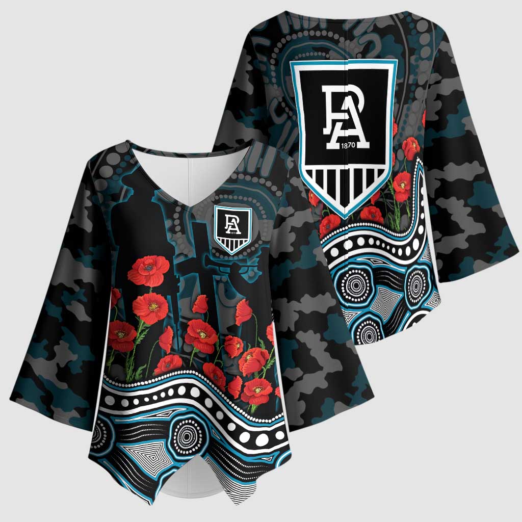 Port Adelaide Power ANZAC Day Kimono Sleeve Blouse Indigenous Dot Art with Poppy Flower Tribute