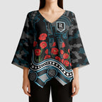 Port Adelaide Power ANZAC Day Kimono Sleeve Blouse Indigenous Dot Art with Poppy Flower Tribute