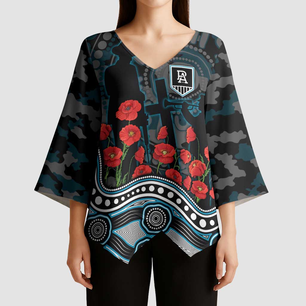 Port Adelaide Power ANZAC Day Kimono Sleeve Blouse Indigenous Dot Art with Poppy Flower Tribute